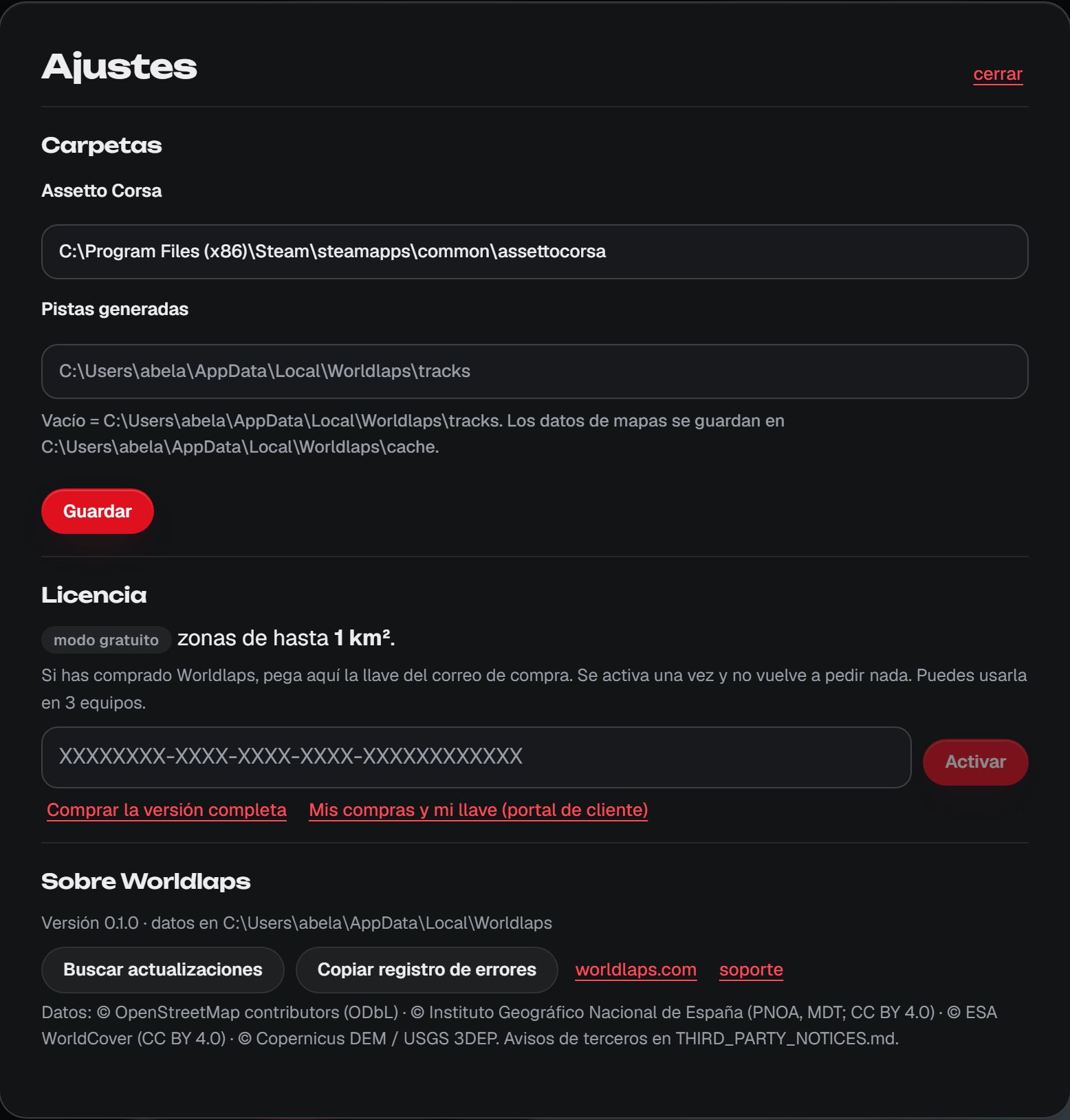 Ajustes de la app Worldlaps: el apartado Licencia con el campo donde se pega la llave y el botón Activar.