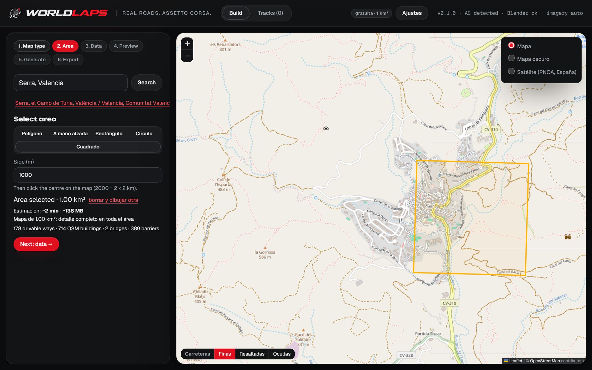 La app Worldlaps: un cuadrado de 1 km² dibujado sobre el pueblo de Serra en el mapa, con el recuento de 178 calles y 714 edificios.