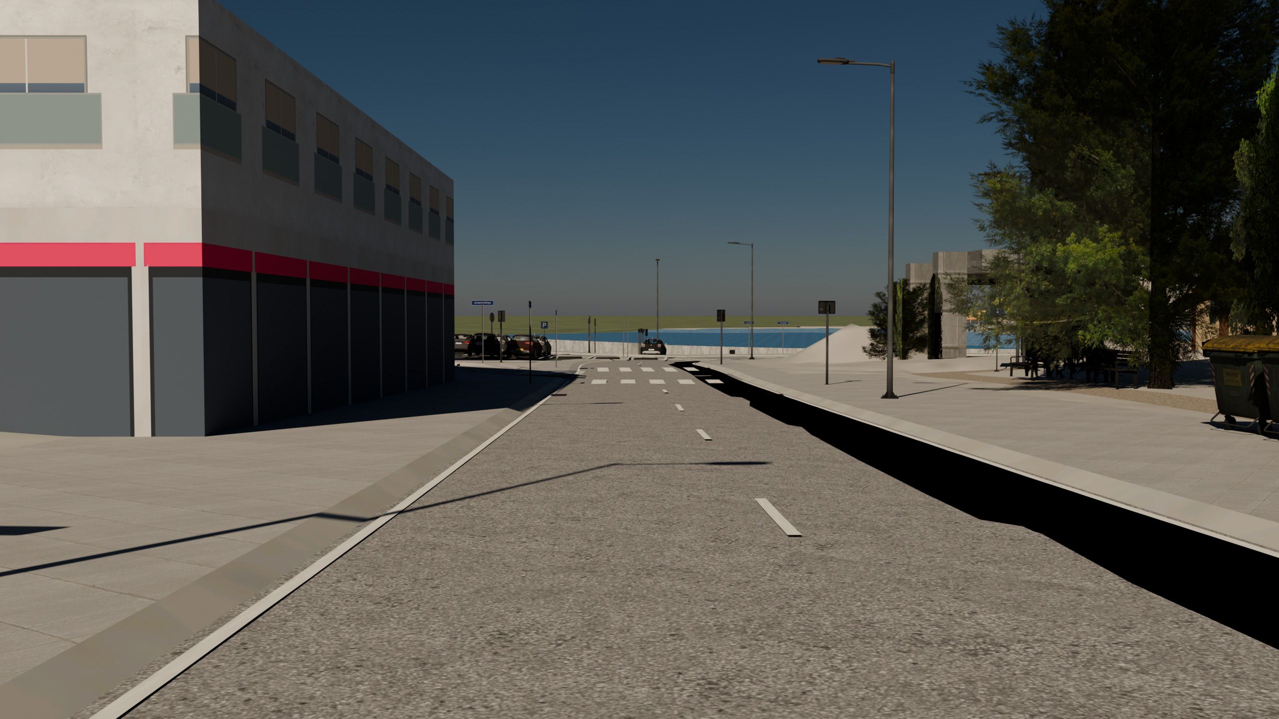 Calle de Cascais generada que baja hacia el mar: el bloque de la esquina, la señal de aparcamiento, los coches aparcados y el agua al fondo.