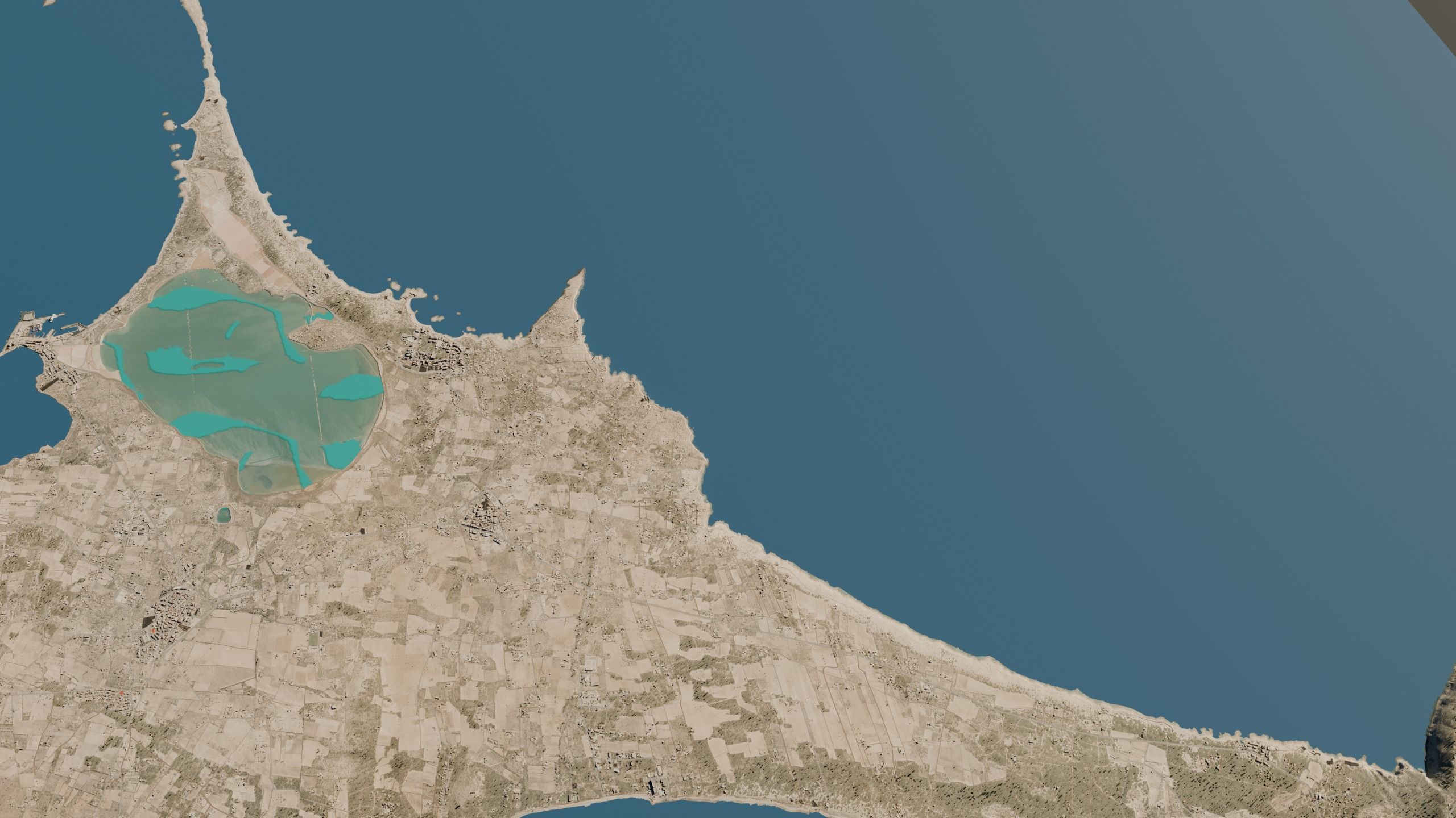Vista aérea alta de Formentera generada: La Savina, el estany Pudent, los campos parcelados y la costa hasta la Mola.