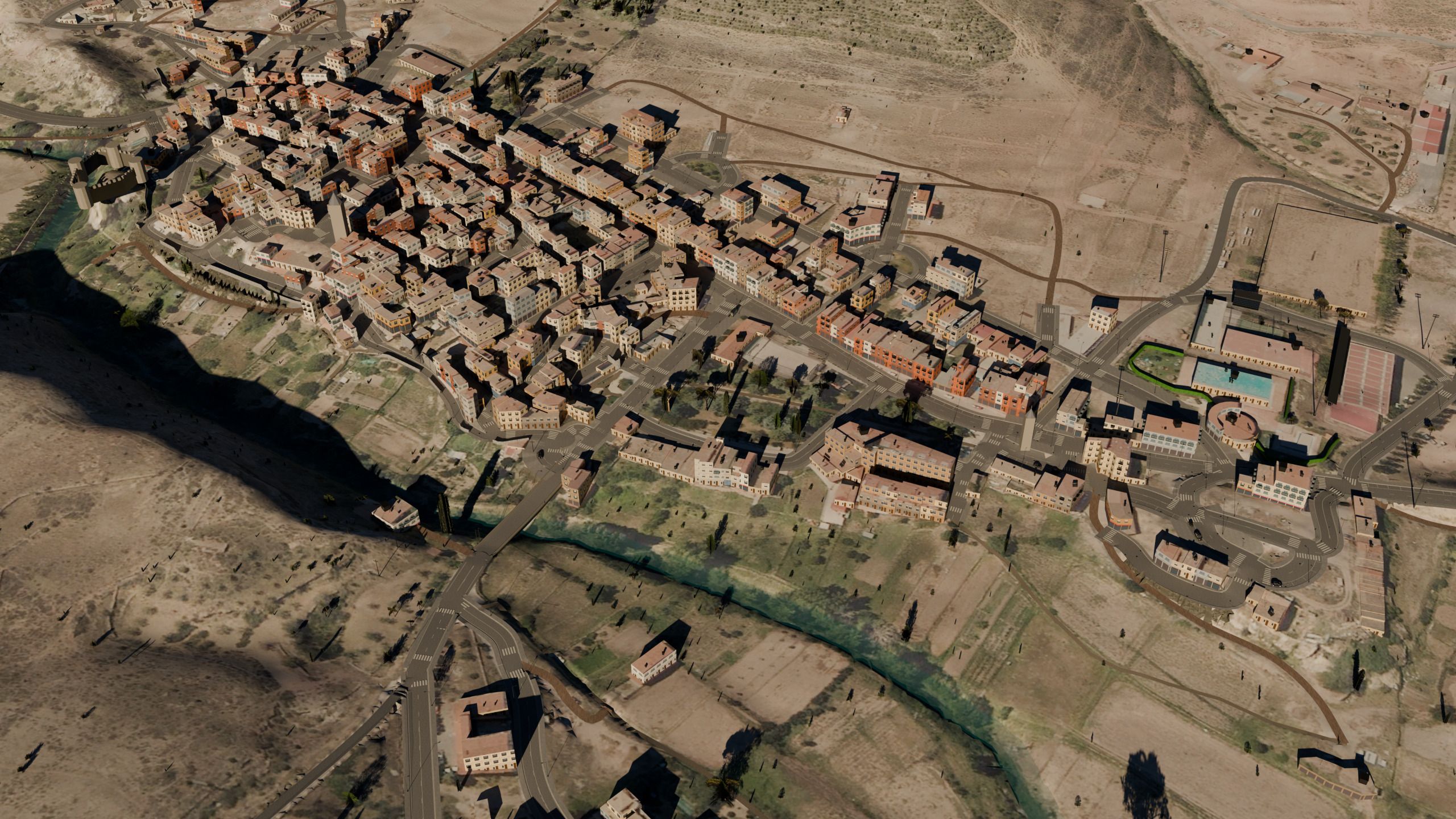 Vista aérea oblicua de Manzanera generada: el casco antiguo apretado en la loma, la carretera que lo cruza, el río y los campos.