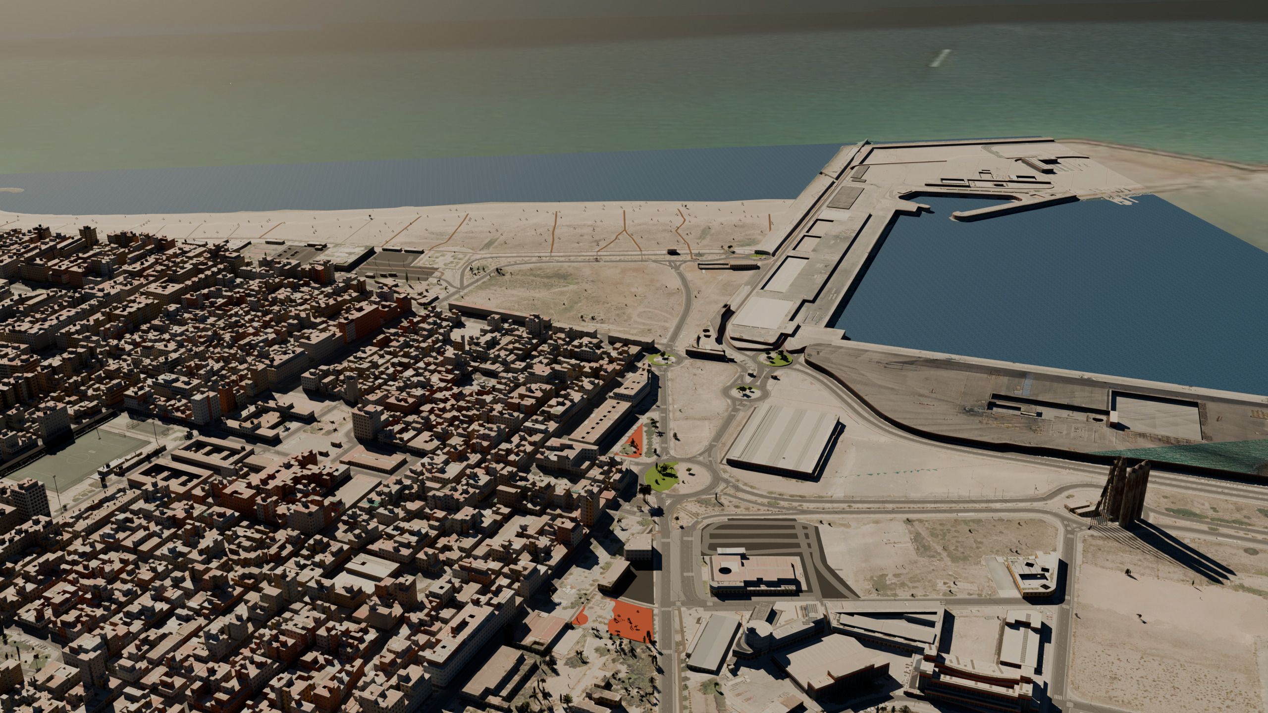 Vista aérea oblicua del Puerto de Sagunto generado: las manzanas de pisos, la playa, el puerto con sus muelles y el mar.