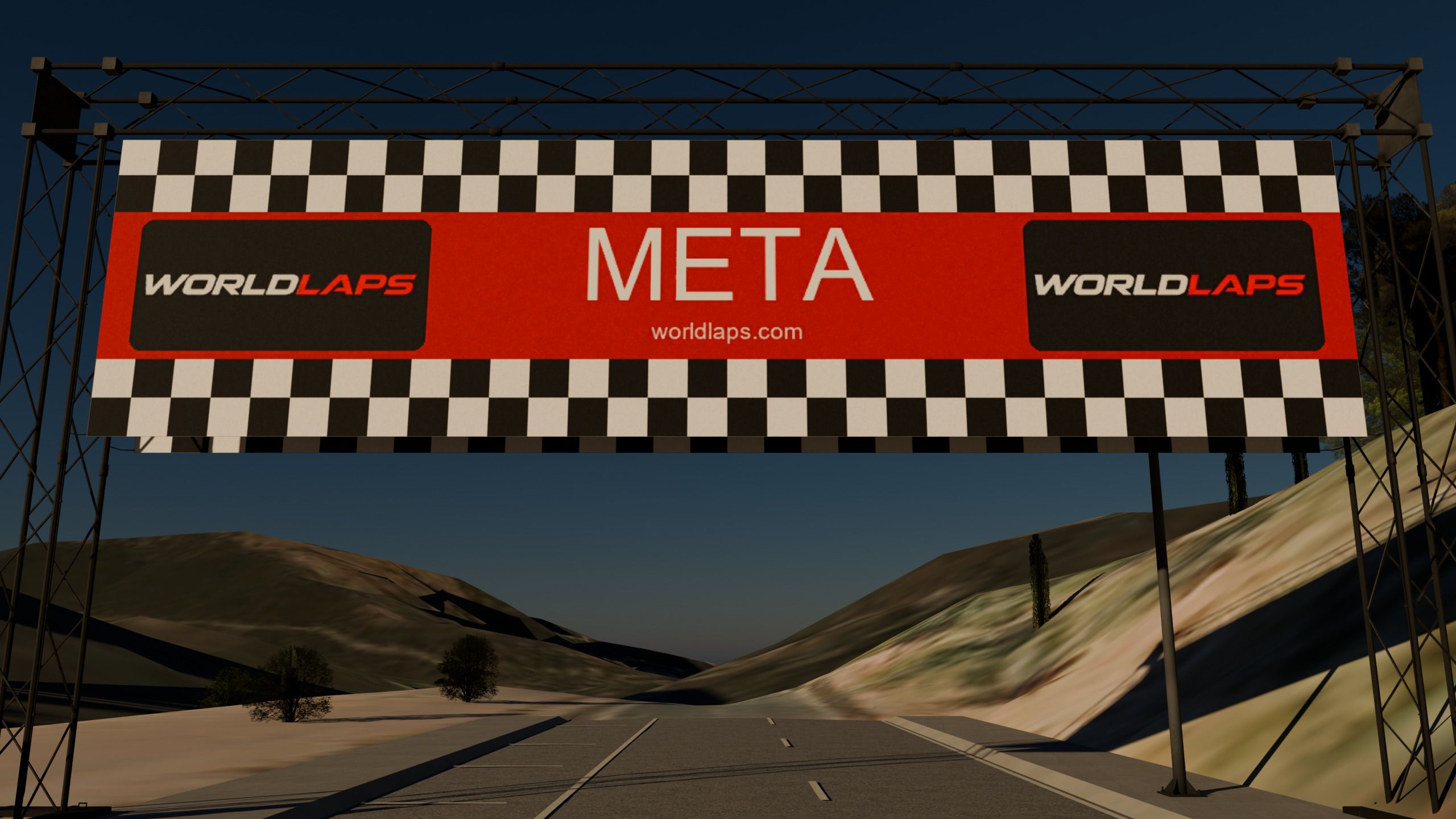 El pórtico de META de frente, con el logotipo WORLDLAPS a ambos lados y worldlaps.com, entre los taludes y las montañas.