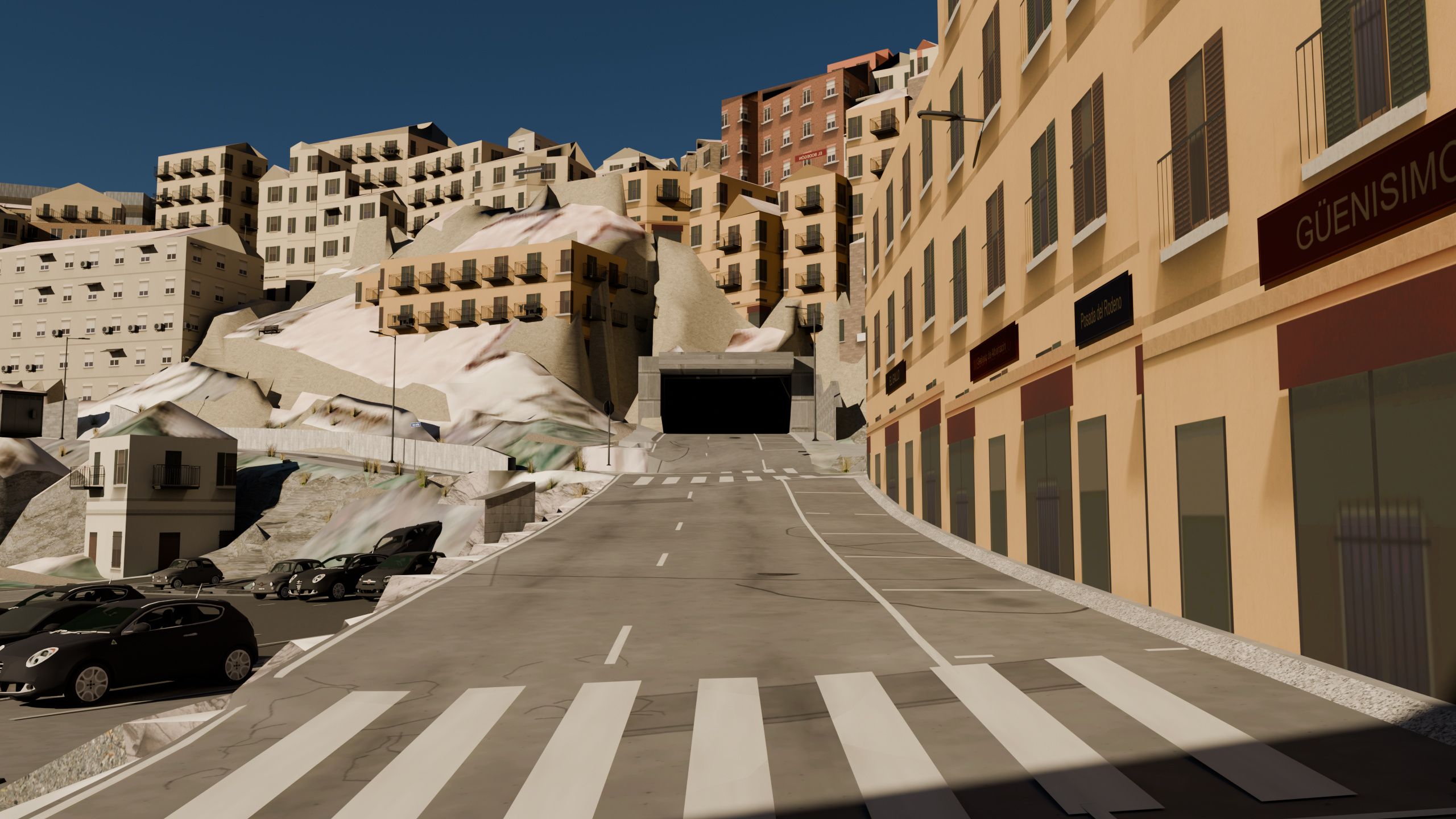 Calle de Albarracín generada por Worldlaps a la altura de un peatón: el paso de cebra en primer término, la acera con locales y rótulos a la derecha, coches aparcados a la izquierda y el pueblo escalonado en la ladera al fondo.