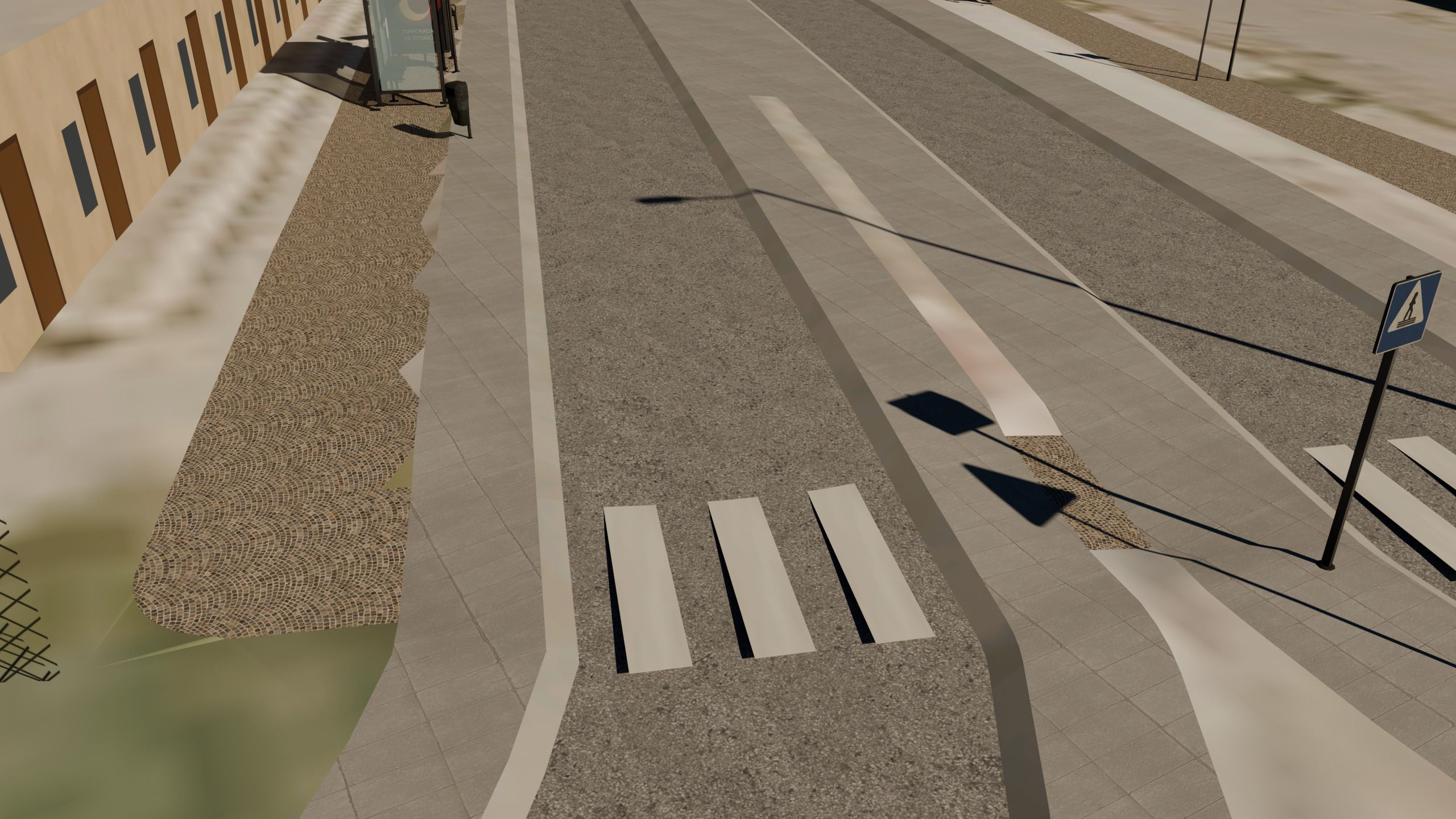 Avenida del Puerto de Sagunto generada vista desde arriba: el paso de peatones con su señal, la mediana, los adoquines de la acera y los carriles con sus líneas.