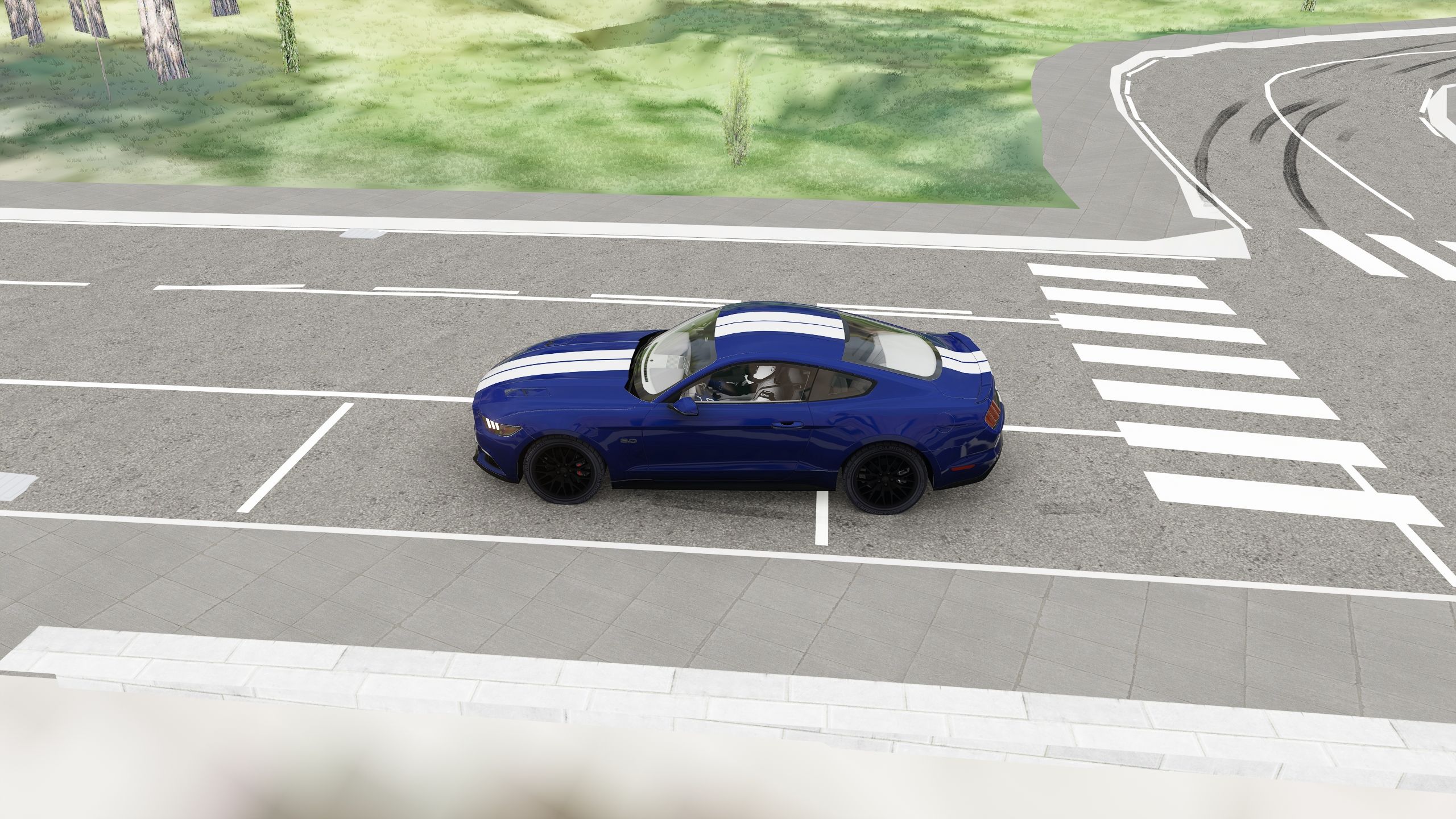 Unretouched Assetto Corsa screenshot at Serra from above: the car next to a zebra crossing, painted parking bays and the pavement.