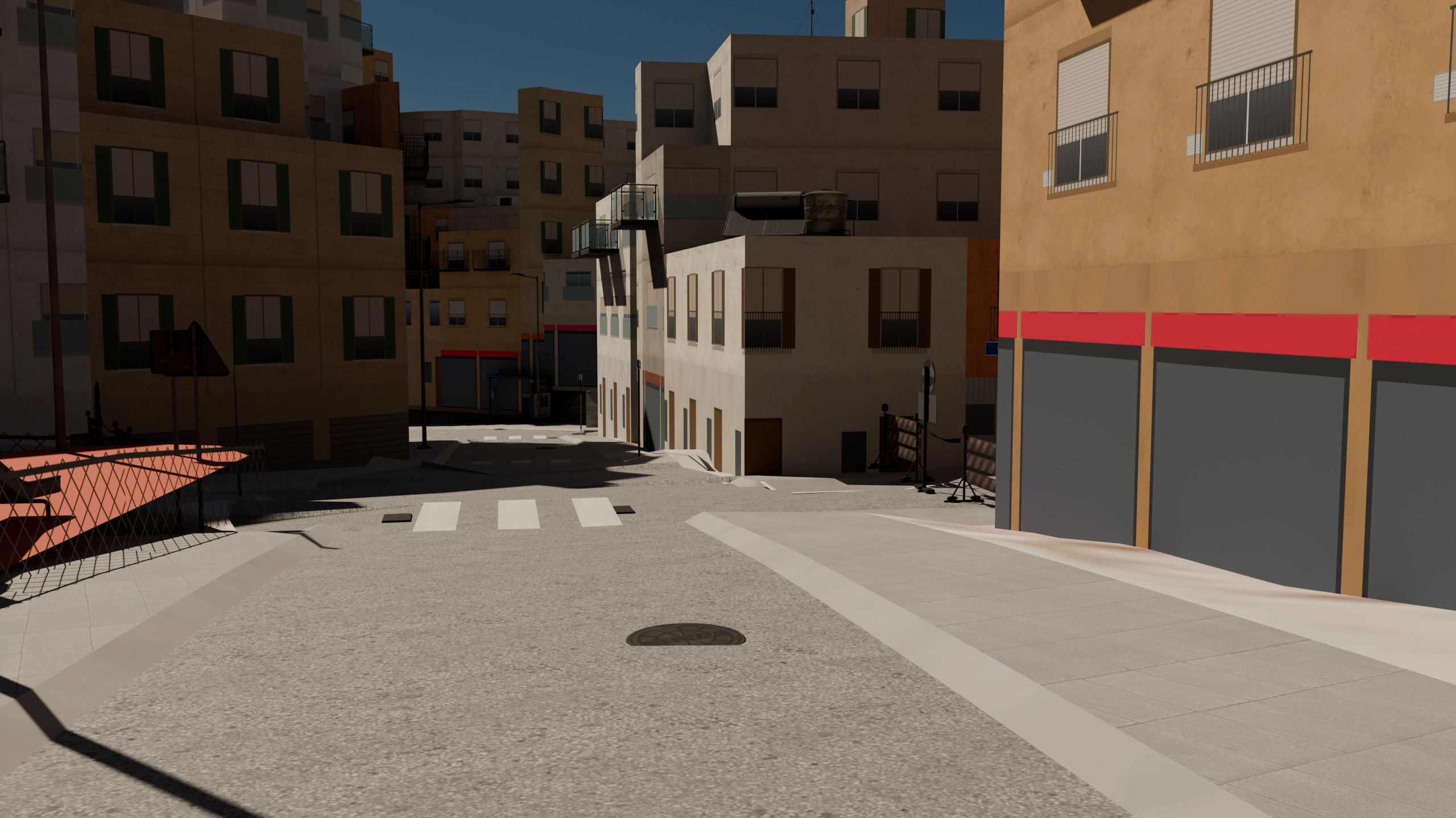 Calle en cuesta de Serra con paso de peatones, aceras, parque infantil y fachadas de pueblo.