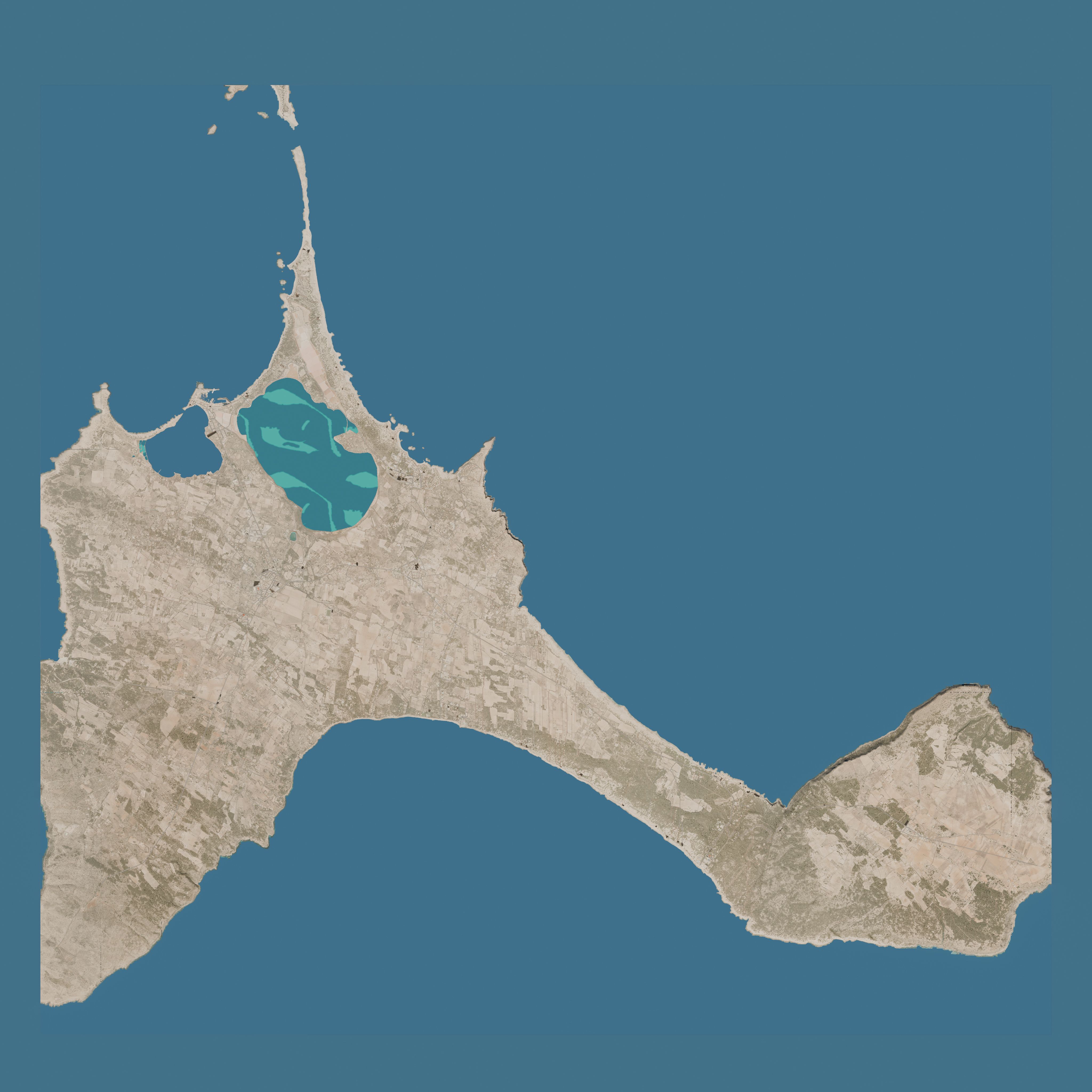 Formentera entera generada vista desde muy alto: la forma de la isla, el estany Pudent y el mar alrededor.