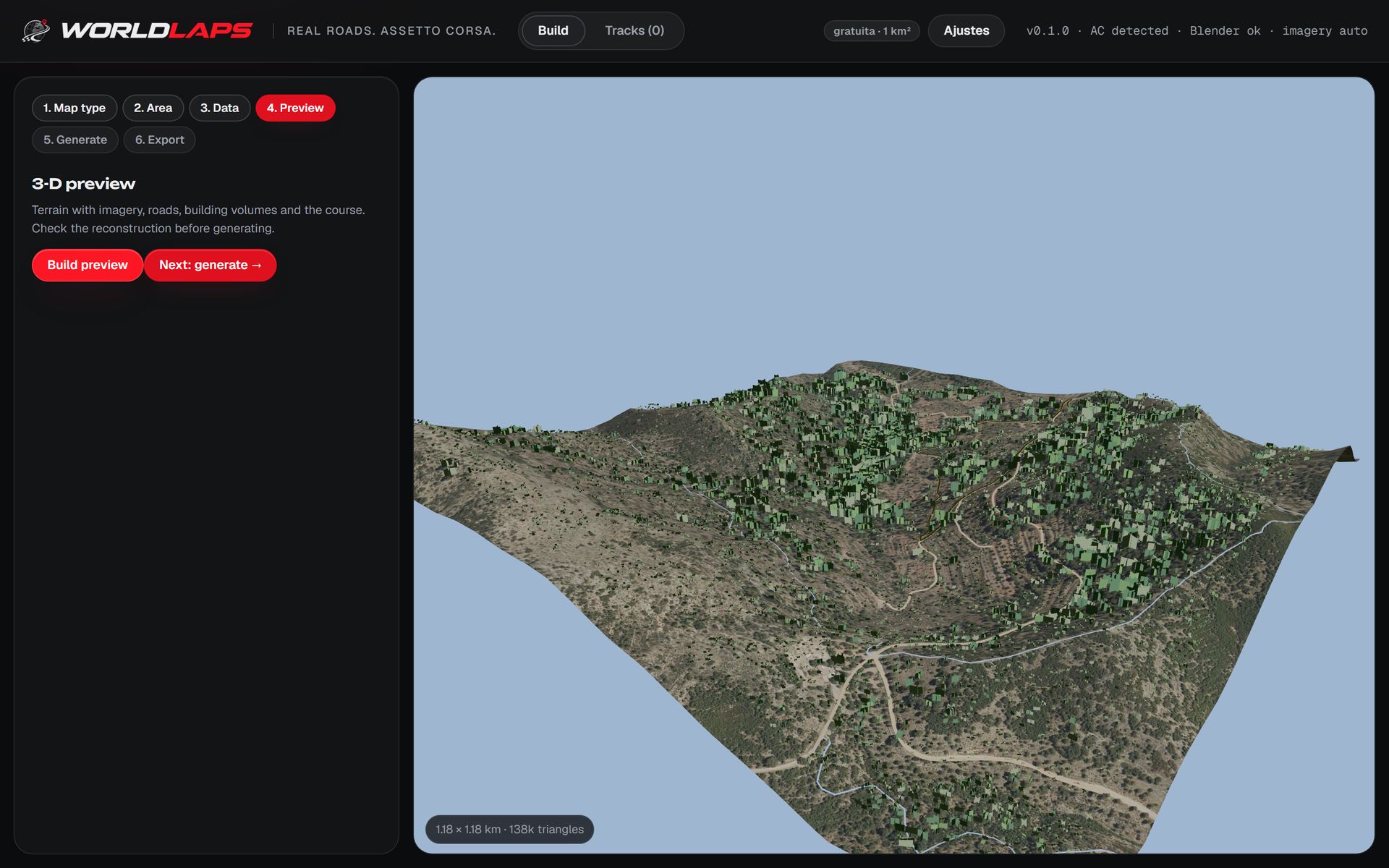 Vista previa 3D en la app: el relieve de Serra con la ortofoto, las calles y los volúmenes de los edificios.